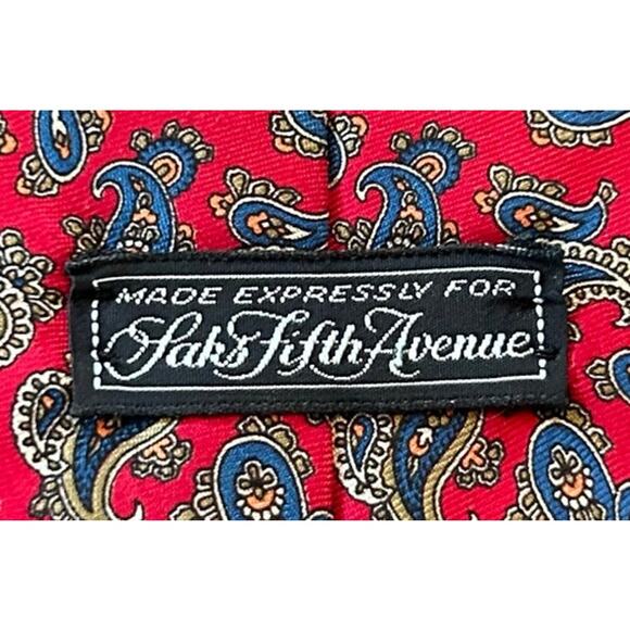 Saks Fifth Avenue Vintage 100% Silk Paisley Neck Tie Men's Made In USA Red Blue - Picture 7 of 8